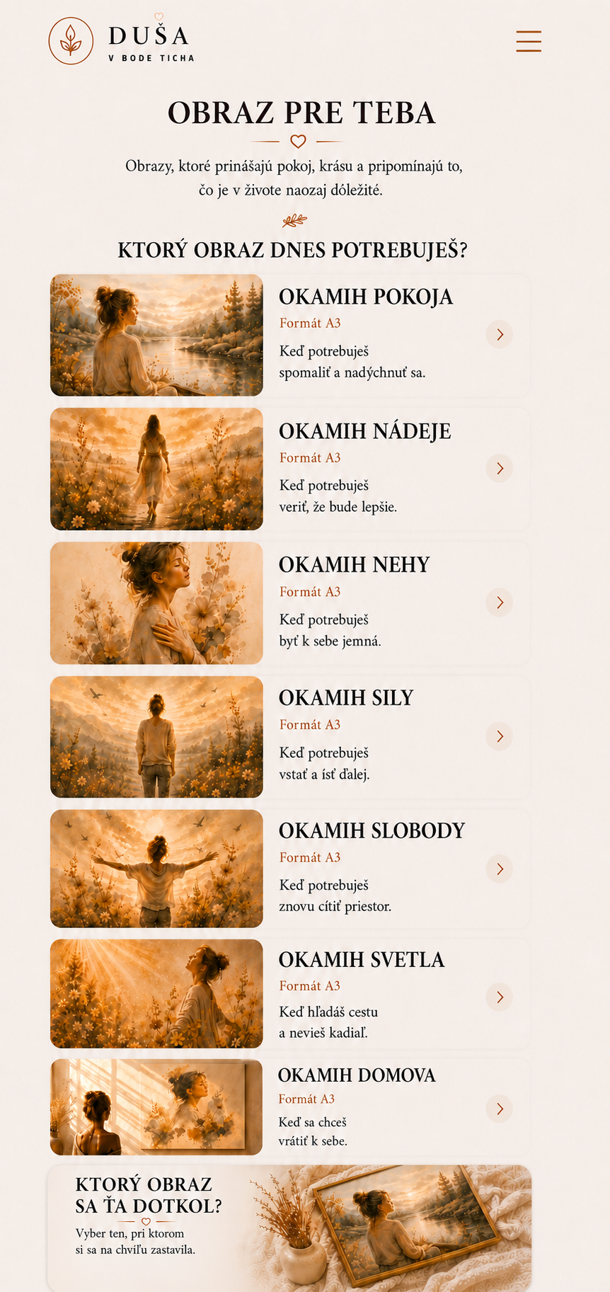 Výber obrazov Okamih pokoja, Nádeje, Nehy, Sily, Slobody, Svetla a Domova